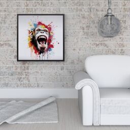 Warren Reed - Designer Coloured Splashart Crazy Monkey Face Framed Canvas in Black - Size: w10 inch x h10 inch - thumbnail 2