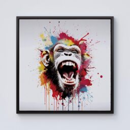 Warren Reed - Designer Coloured Splashart Crazy Monkey Face Framed Canvas in Black - Size: w10 inch x h10 inch - thumbnail 1