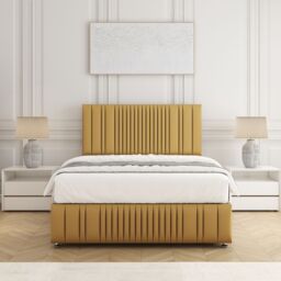 "BSSPOKE Rosie Plush Velvet Divan Bed Set 24"" Headboard & Mattress No Drawers in Mustard - Size: Super King" - thumbnail 1