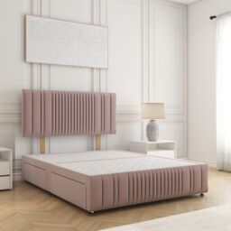 "BSSPOKE Rosie Plush Velvet Divan Bed Set 24"" Headboard & 4Drawers No Mattress in Pink - Size: King"