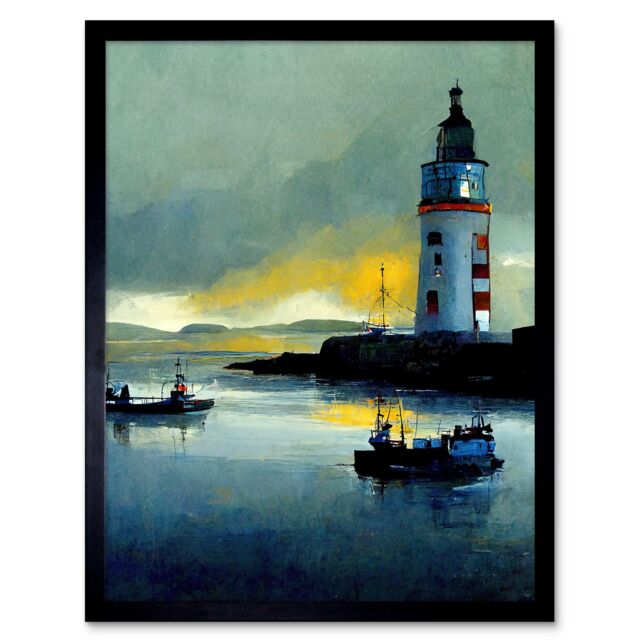 "Artery8 Wall Art Print Scottish Harbour Fishing Boats Lighthouse Modern Art Framed in Black - Size: W12"" x H16""" - image 1