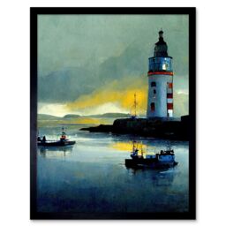 "Artery8 Wall Art Print Scottish Harbour Fishing Boats Lighthouse Modern Art Framed in Black - Size: W12"" x H16""" - thumbnail 1