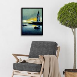 "Artery8 Wall Art Print Scottish Harbour Fishing Boats Lighthouse Modern Art Framed in Black - Size: W12"" x H16""" - thumbnail 2
