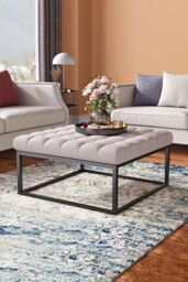 Living and Home Square Linen Footstool with Metal Frame in Beige - thumbnail 1