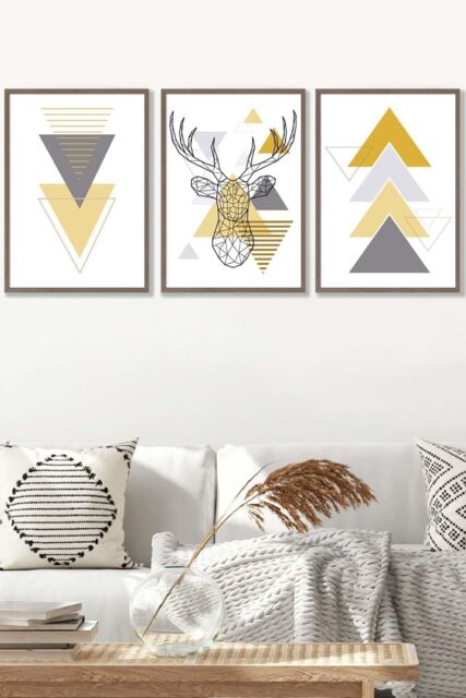 ARTZE Geometric Line Art Yellow Stag Head Triangles Framed Wall Art - Large in Walnut - Size: W53 cm x H73 cm x D20mm - image 1