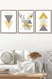 ARTZE Geometric Line Art Yellow Stag Head Triangles Framed Wall Art - Large in Walnut - Size: W53 cm x H73 cm x D20mm - thumbnail 1