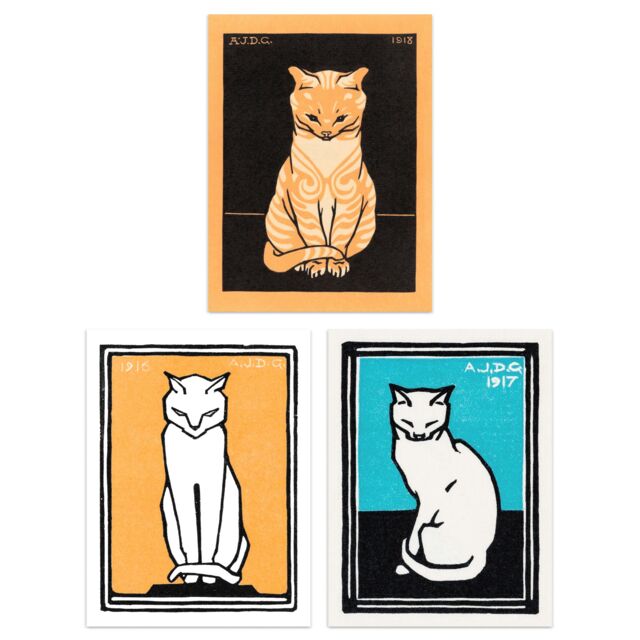 Artery8 Wall Art Print Three Sitting Cats Vintage Julie De Graag Set Of 3 s Living Room Bedroom Aesthetic Retro A4 - image 1