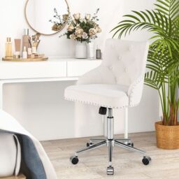 Costway Upholstered Home Office Chair 360° Swivel Reception Chair w/ Wheels in Beige - thumbnail 2
