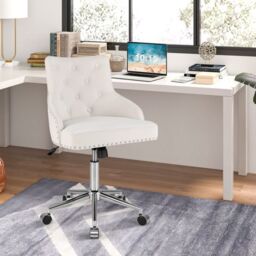 Costway Upholstered Home Office Chair 360° Swivel Reception Chair w/ Wheels in Beige - thumbnail 3