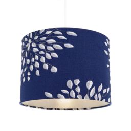 Happy Homewares Modern Navy Midnight Blue Drum Lampshade with Off-White Floral Decoration - Size: 10 inches - thumbnail 2