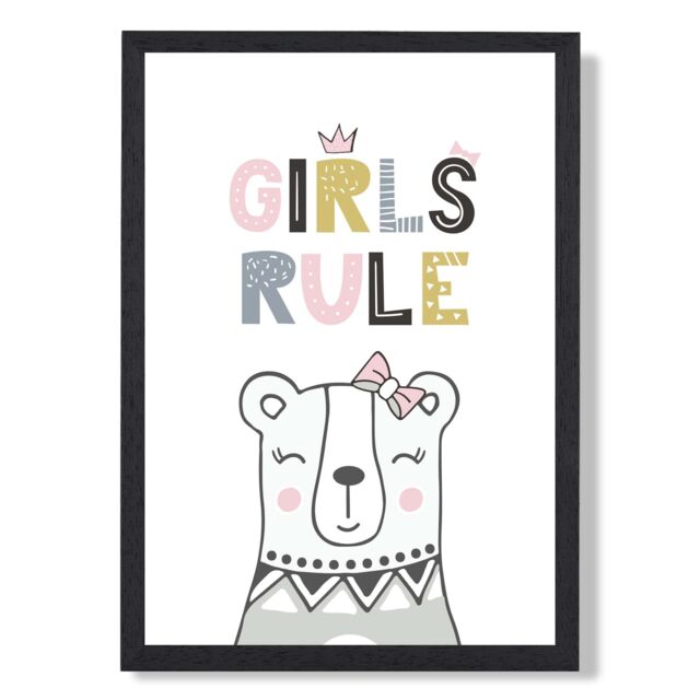 ARTZE Cute Girls Rule Bear Scandi Quote Framed Print SIZE: A3 with Black Frame in Pink - Size: A4 - image 1