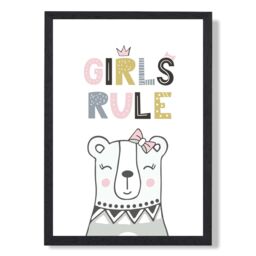 ARTZE Cute Girls Rule Bear Scandi Quote Framed Print SIZE: A3 with Black Frame in Pink - Size: A4 - thumbnail 1