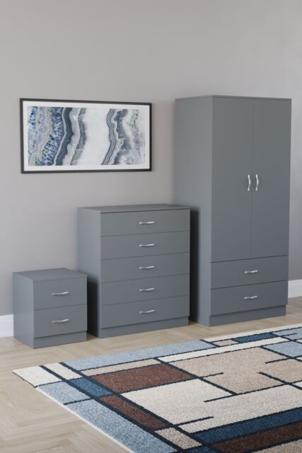 Home Discount Vida Designs Riano 3 Piece Bedroom Set 2 Draw Bedside & 5 Drawer Chest in Grey