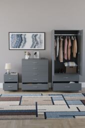 Home Discount Vida Designs Riano 3 Piece Bedroom Set 2 Draw Bedside & 5 Drawer Chest in Grey - thumbnail 3