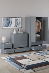 Home Discount Vida Designs Riano 3 Piece Bedroom Set 2 Draw Bedside & 5 Drawer Chest in Grey - thumbnail 2