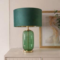 ValueLights Leigh Forest Green & Gold Glass Table Lamp with Green Velvet & Gold Inner Shade in Bottle Green - thumbnail 3