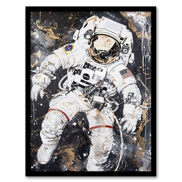 "Artery8 Astronaut Space Walk Black Gold Grunge Design Framed Wall Art - Size: W12"" x H16""" - image 1