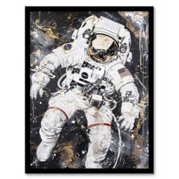 "Artery8 Astronaut Space Walk Black Gold Grunge Design Framed Wall Art - Size: W12"" x H16""" - thumbnail 1