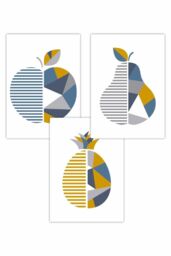 ARTZE Set of 3 Geometric Fruit Apple Blue Yellow Art Posters in Mid Blue - Size: W50 cm x H70 cm - thumbnail 1