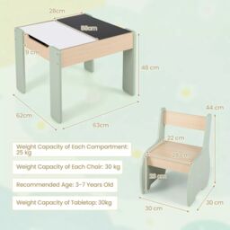 Costway Wooden Table & Chair Set Activity Desk 2 Chairs with Reversible Blackborad in Green - thumbnail 2
