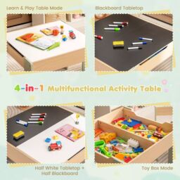 Costway Wooden Table & Chair Set Activity Desk 2 Chairs with Reversible Blackborad in Green - thumbnail 4