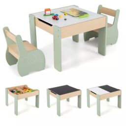 Costway Wooden Table & Chair Set Activity Desk 2 Chairs with Reversible Blackborad in Green - thumbnail 1