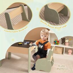 Costway Wooden Table & Chair Set Activity Desk 2 Chairs with Reversible Blackborad in Green - thumbnail 3