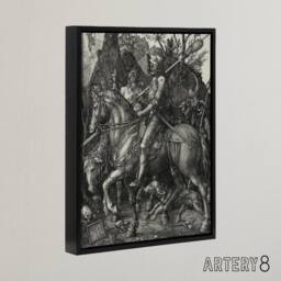 "Artery8 Knight Death & the Devil Albrecht Durer Framed Canvas Wall Art Print in Grey - Size: W12"" x H16""" - thumbnail 2