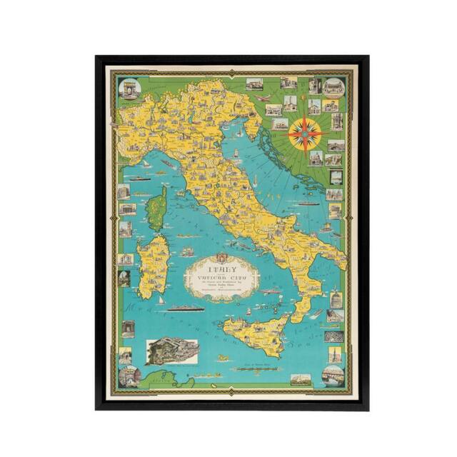 "Artery8 Chase 1944 Pictorial Map Italy Vatican City Framed Canvas Wall Art Print in Blue - Size: W12"" x H16""" - image 1