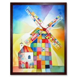 "Artery8 Wall Art Print Abstract Patchwork Windmill Old Amsterdam Folk Art Framed in Brown - Size: W12"" x H16""" - thumbnail 1