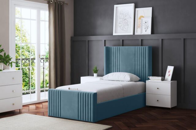 DS Living Elara Winged Metallic Blue Panel Ottoman Bed with Headboard - Size: Single - image 1