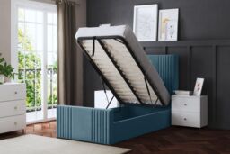 DS Living Elara Winged Metallic Blue Panel Ottoman Bed with Headboard - Size: Single - thumbnail 4