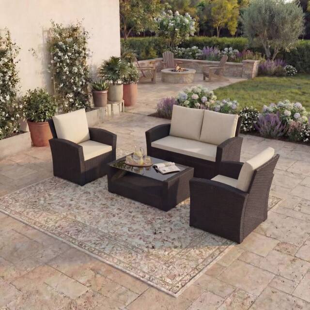 HD Designs 4 Seater Cushioned Sofas with Table Outdoor Rattan Furniture Set in Brown - image 1