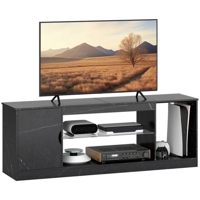 Nordara Marble Effect TV Stand Cabinet with Glass Shelf for 55 Inch TVs in Black - Size: 150 cm x 60 cm - image 1