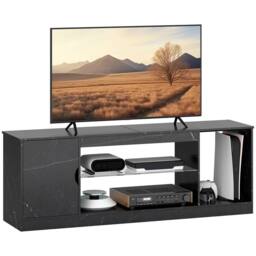Nordara Marble Effect TV Stand Cabinet with Glass Shelf for 55 Inch TVs in Black - Size: 150 cm x 60 cm