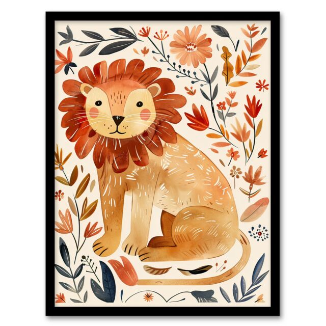 Artery8 Cute Baby Lion Rustic Floral Watercolour Framed Wall Art in Orange - Size: A4 - image 1