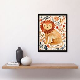 Artery8 Cute Baby Lion Rustic Floral Watercolour Framed Wall Art in Orange - Size: A4 - thumbnail 4