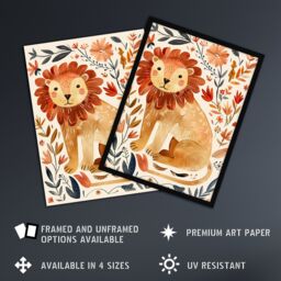Artery8 Cute Baby Lion Rustic Floral Watercolour Framed Wall Art in Orange - Size: A4 - thumbnail 2