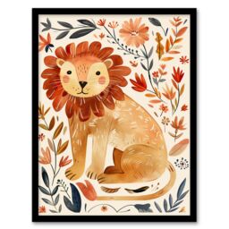 Artery8 Cute Baby Lion Rustic Floral Watercolour Framed Wall Art in Orange - Size: A4 - thumbnail 1