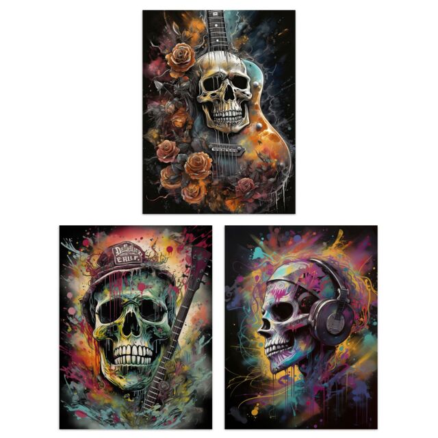 Artery8 Wall Art Print Set of 3 s Thrash Metal Death Skull Guitar Brutal Horror 3 Pack Poster s in Black - Size: A4 - image 1