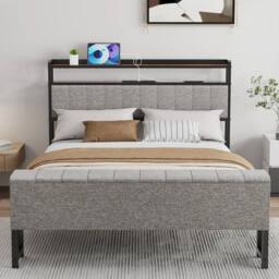FORGEVIO GREY FABRIC BED FRAME SET UPHOLSTERED WITH