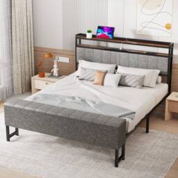FORGEVIO GREY FABRIC BED FRAME SET UPHOLSTERED WITH - thumbnail 5
