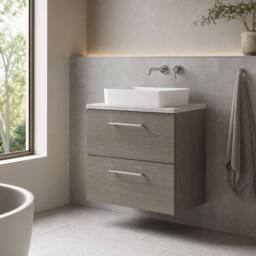 Balterley Level 600mm Wall Hung 2 Drawer Unit with Laminate Worktop - Solace Oak in Brown - thumbnail 4