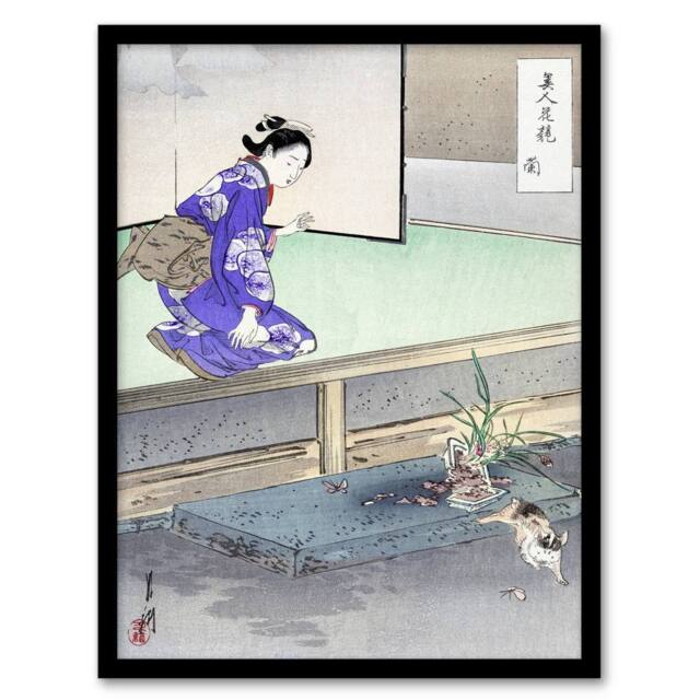 Artery8 Ogata Gekko Framed Wall Art Print Orchid Broken Plant Pot & Cat in Purple - Size: A4 - image 1