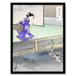 Artery8 Ogata Gekko Framed Wall Art Print Orchid Broken Plant Pot & Cat in Purple - Size: A4 - thumbnail 1