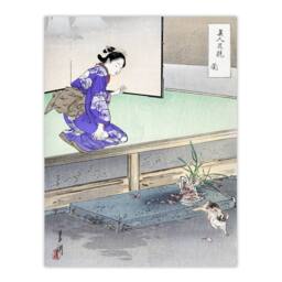 Artery8 Ogata Gekko Framed Wall Art Print Orchid Broken Plant Pot & Cat in Purple - Size: A4 - thumbnail 3