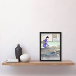 Artery8 Ogata Gekko Framed Wall Art Print Orchid Broken Plant Pot & Cat in Purple - Size: A4 - thumbnail 2