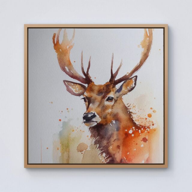 "Warren Reed - Designer Majestic Stag Watercolour Framed Canvas in Light Brown - Size: W30"" x H30""" - image 1