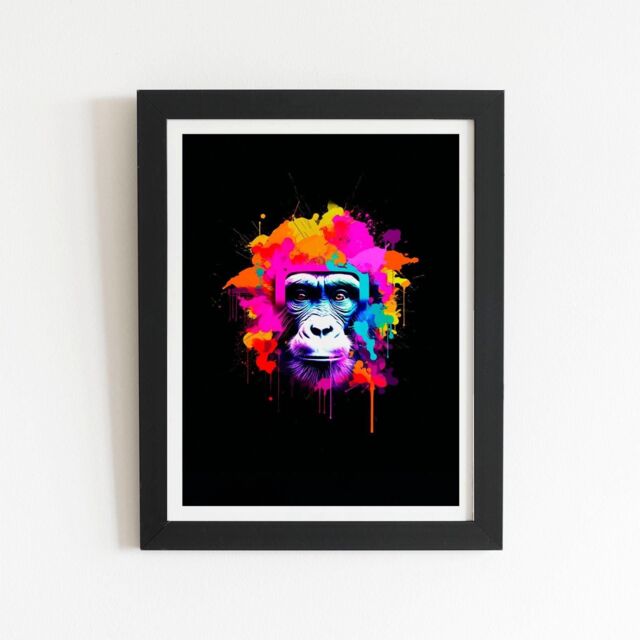 "Warren Reed - Designer Multi Coloured Monkey Face Framed Art Print in Black - Size: W12"" x H16""" - image 1
