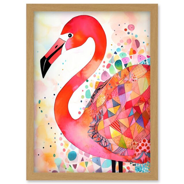 Artery8 Flamingo Bird With Patterns Folk Art Watercolour Painting Artwork Framed Wall Art Print A4 in Light Oak - image 1